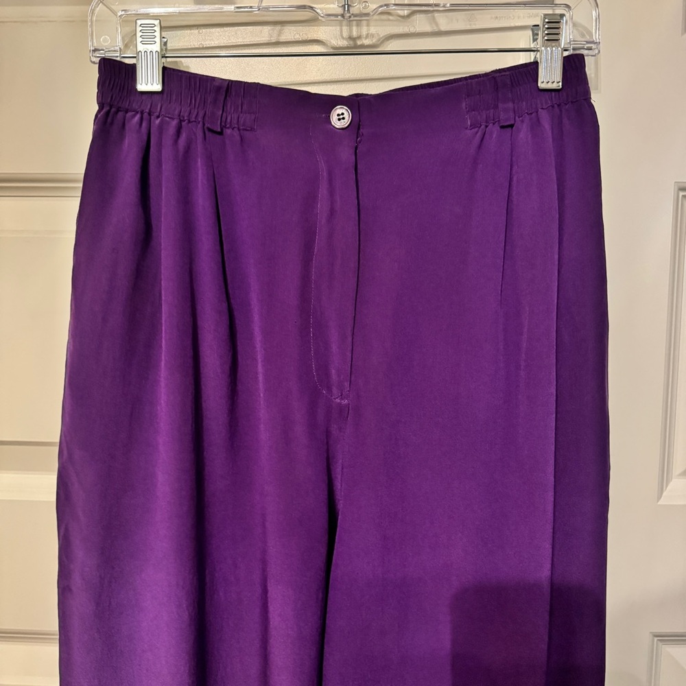Vibrant Purple 100% Silk Wide Leg Pants Vintage Style High Rise Size M
